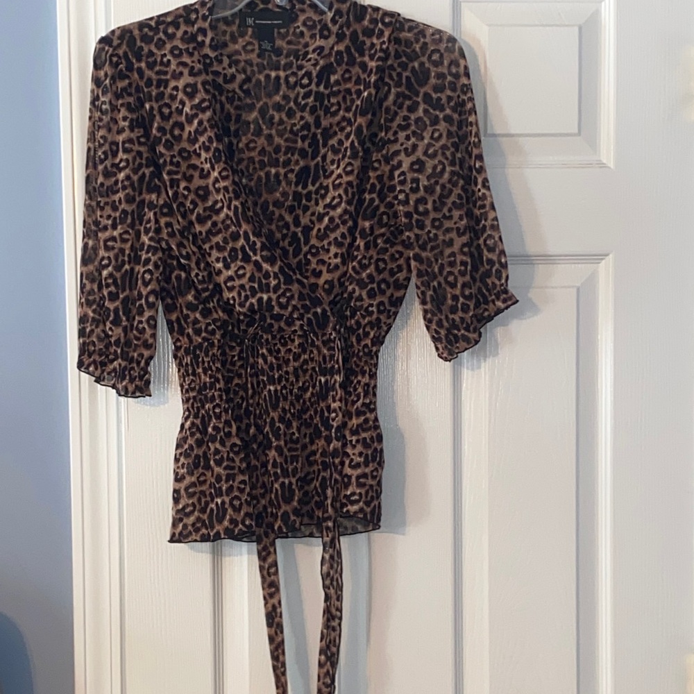 INC International Concepts Brown and Black Leopard Wrap Blouse